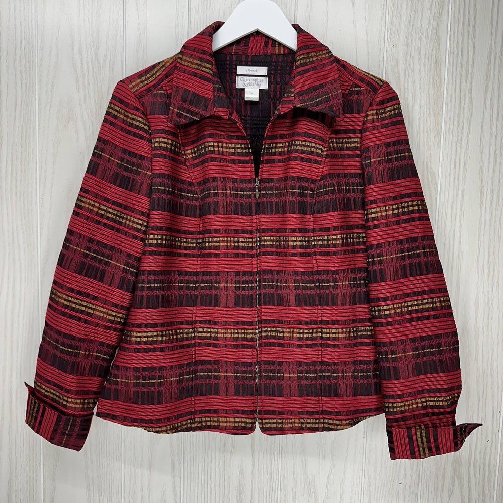 Christopher & Banks Jacket Womens Size M Red Black Plaid Full Zip Long Sleeve